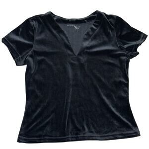 Vintage 90s Black Velvet Whimsigoth Short Sleeve V Neck Fitted Top Size Medium
